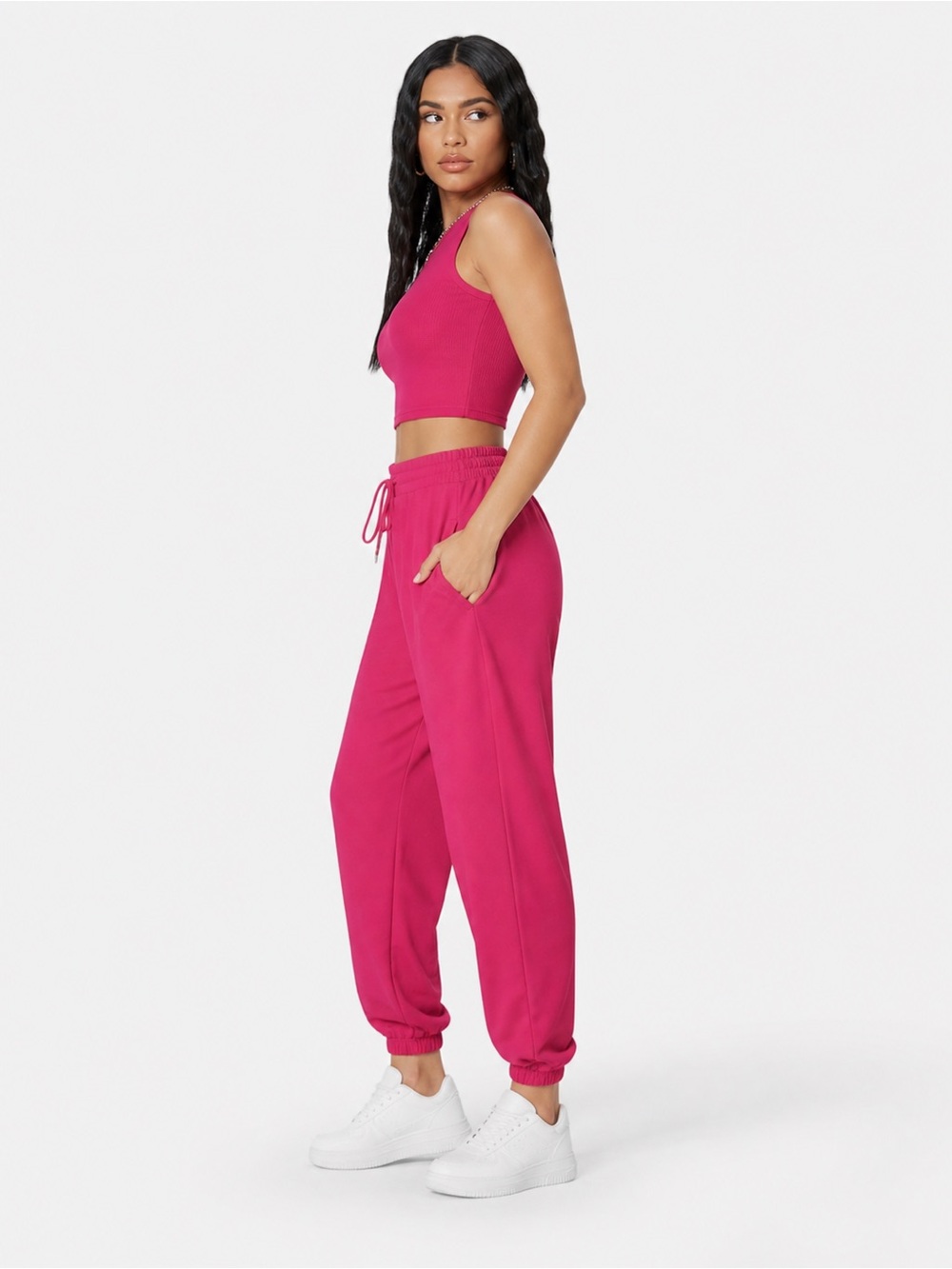 Women’s Fuchsia XL High-Waist Drawstring Joggers With a L Fuchsia Crop Tee (95)